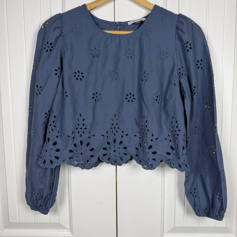 American Eagle Eyelet Crop Top Women's Small Blue Puff Sleeve Keyhole Back - Picture 1 of 10